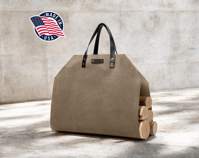 Personalized Leather Firewood Log Carrier, Full Grain Hearth Tote for Fireplace, Handmade in USA