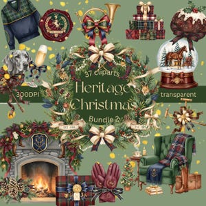 Puede incluir: Una colección de elementos de clip art en acuarela con un tema de Navidad Heritage. Incluye un suéter verde, un perro, un globo de nieve con un caballo, una chimenea, un sillón verde y cajas de regalo. El texto "Heritage Christmas Bundle 2" es visible.