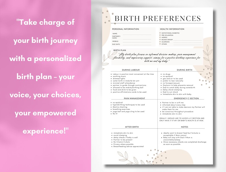Birth Plan Template Birthing Preferences Printable Birthing Plan Labour ...