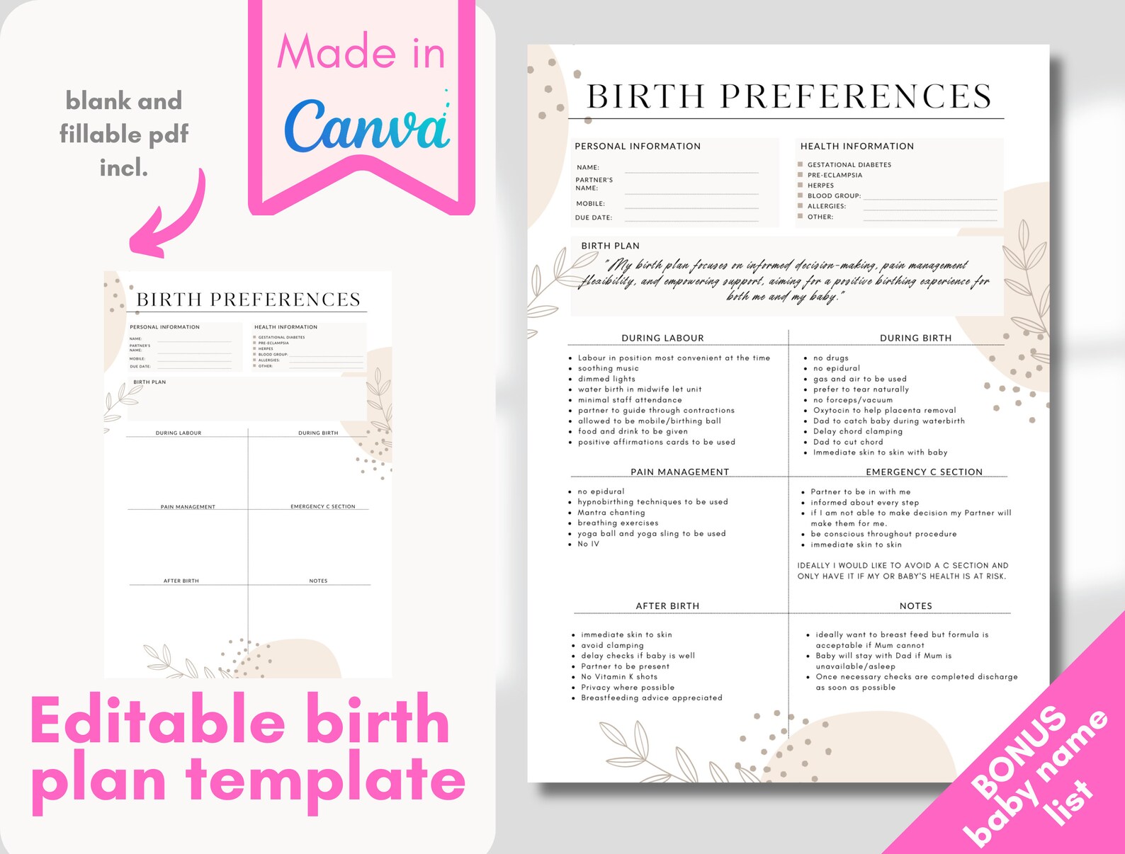 Birth Plan Template Birthing Preferences Printable Birthing Plan Labour ...
