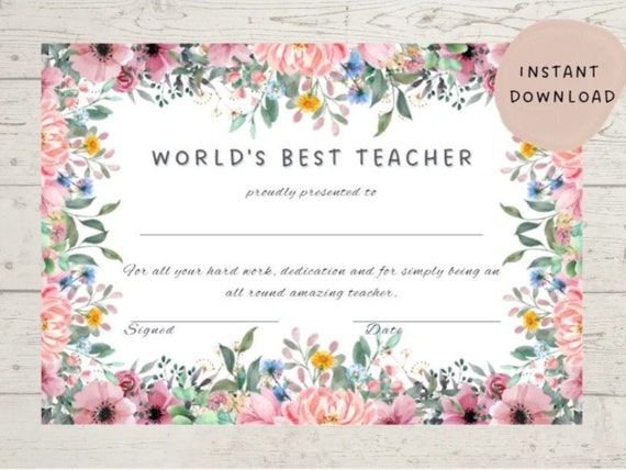 Floral Best Teacher Certificate Template Editable Teacher - Etsy