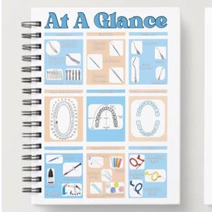 May include: A spiral-bound notebook titled "At A Glance" in blue. It contains diagrams and illustrations of dental tools, teeth, and procedures. The notebook includes the words "Etch", "Flowable", and "Bond".