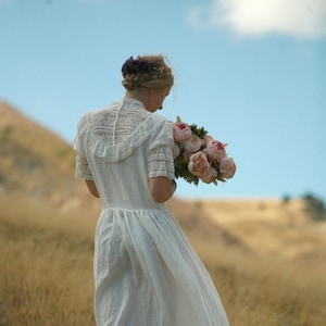 Linen maxi dress victorian inspired neckline, rustic, country and victorian style wedding dress, historic occasion wear