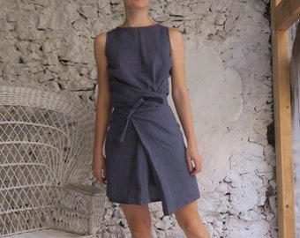 Linen Wrap Dress: Versatile Tie Waist, Japandi Style