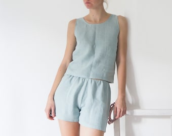 Linen pajama set, tank top and shorts loungewear