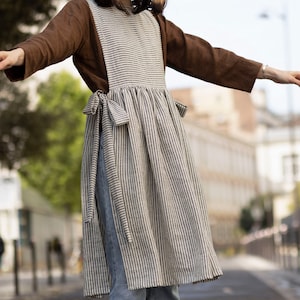 Pinafore apron linen, striped linen side tie apron dress top