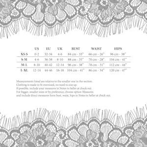May include: Size chart for clothing with measurements in inches and centimetres. The chart shows sizes XS-S, S-M, M-L, and L-XL with corresponding US, EU, UK, bust, waist, and hip measurements.