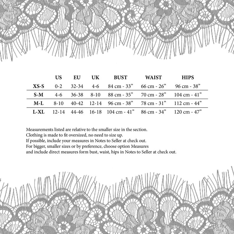 May include: Size chart for clothing with measurements in inches and centimetres. The chart shows sizes XS-S, S-M, M-L, and L-XL with corresponding US, EU, UK, bust, waist, and hip measurements.