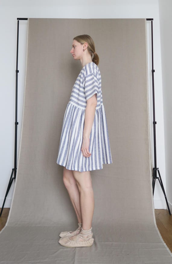 Striped Linen Smock Dress: Oversized Summer T-Shirt Dress (M-L)