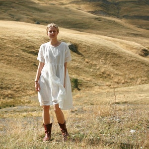 Washed linen knee length dress, ruffled shoulder detail, fun summer dress