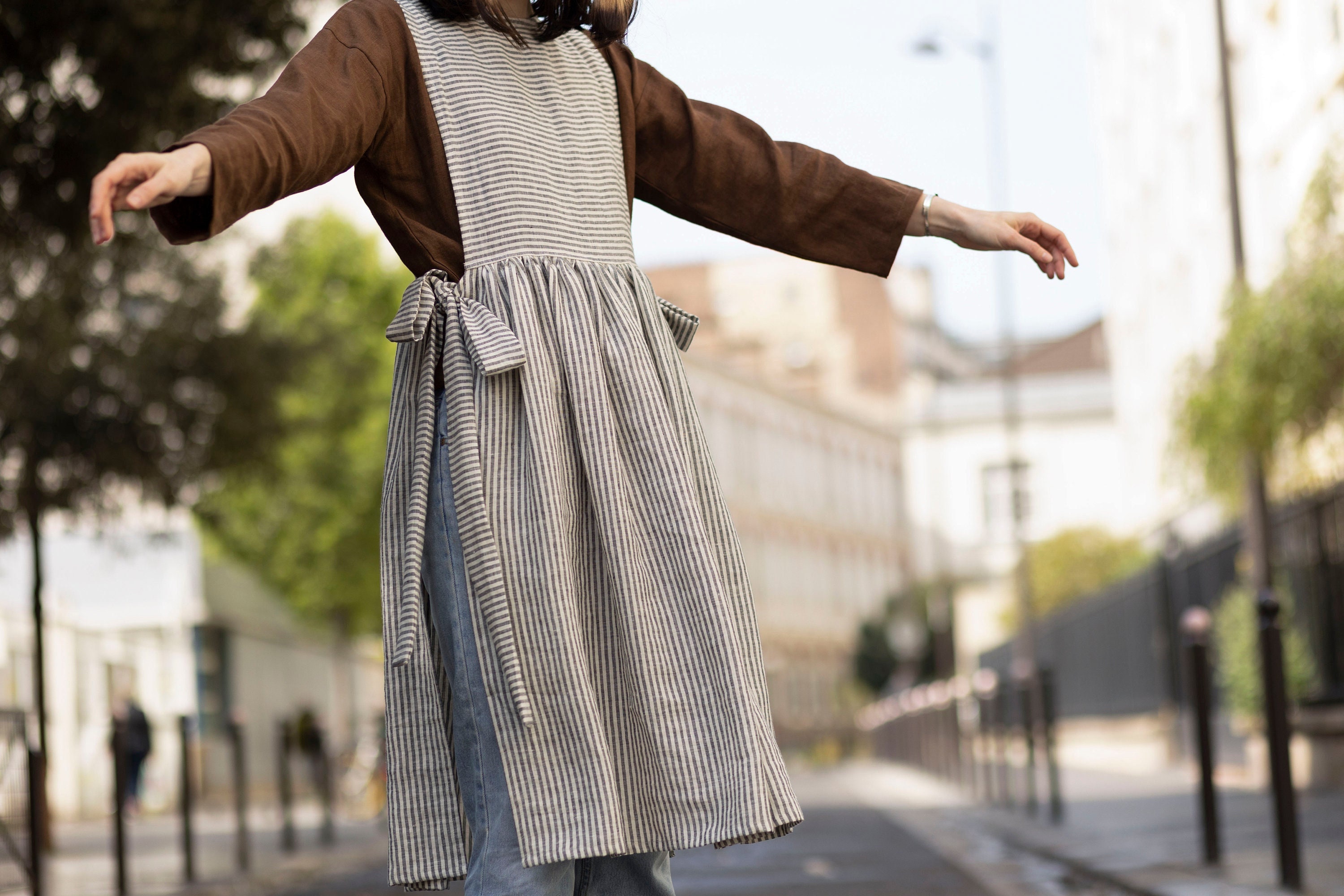 Striped Linen Pinafore Apron Dress: Side Tie Cottagecore Style