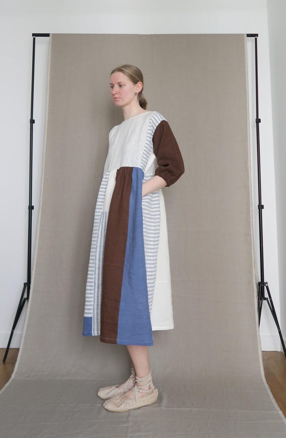 linen patchwork dress Sugar Cream Re-Dress Upcycled Linen Patchwork Embroidery Maxi Dress