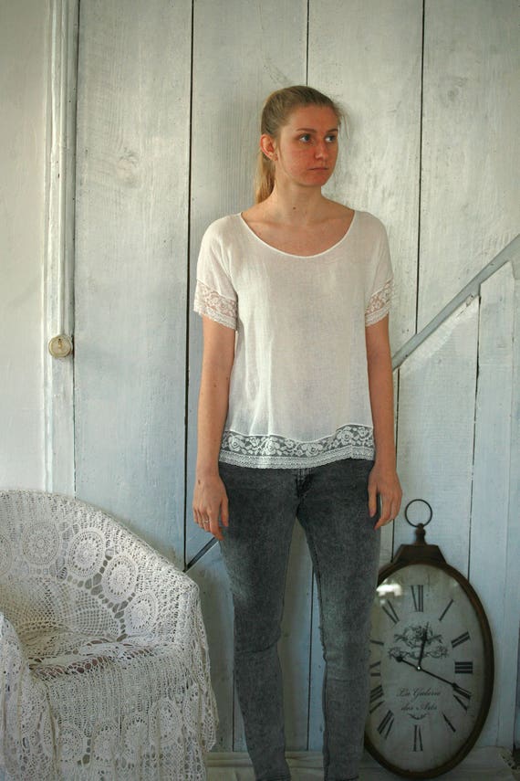 Linen cotton mix shirt with lace details soft linen cotton Etsy