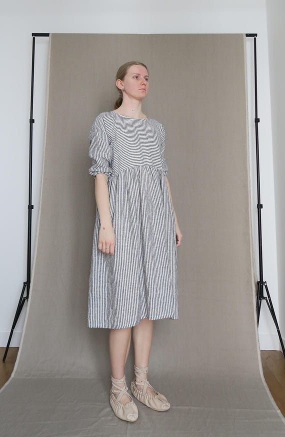 oversize smock dress Striped Linen Smock Dress: Oversized Midi Dress, M-L