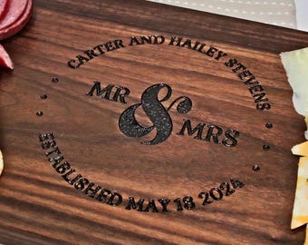 Mr. & Mrs. Engraved Serving Tray | Dark Wood Serving Board | Unique Gift for the Couple | Elegant Wedding Gift
