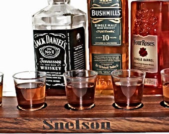 5 Glass Whiskey Tray Personalized | Wood Shot Flight with Handles | Engraved Tequila Board