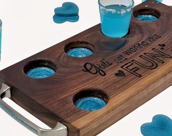Personalized Shot Tray with Cool Blue Inlay & Handles - Handcrafted Unique Gift for Her, Bachelorette Parties, Special Occasions