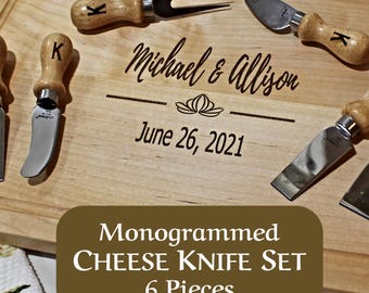 Cheese Knives with Wooden Handles | Monogrammed Cheese Knife Set | 6 Pieces Charcuterie Utensils
