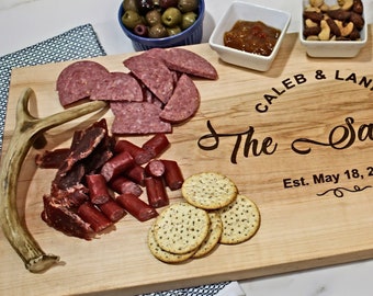 Rustic Ambrosia Maple Serving Board with Antler Handles - Personalized Charcuterie Tray