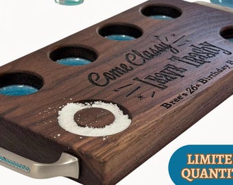 Sparkling Engraved Tequila Shot Tray with Cool Blue Inlay & Handles - Personalized Gift for Her - Handcrafted Hardwood Salt Ring Included