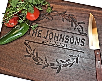 Personalized Walnut Cutting Board, Engraved Wreath, Wedding Gift