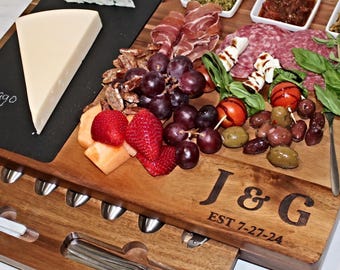 Acacia Wood Charcuterie Board with Slate & Cheese Knife Set | Engraved Cheese Board Set 19 Pieces
