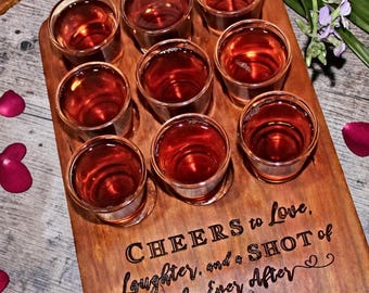Personalized Shot Serving Board with Handle | Custom Wooden Shot Flight Tray for 9 Shot Glasses