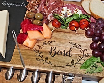 Personalized Wood & Slate Charcuterie Board, 19pcs Cheese Board And Knife Set, Birthday Gift, Wedding Gift