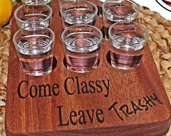 Personalized Shot Board:  Exotic Mahogany Shot Glass Holder, Handmade Tequila Serving Tray