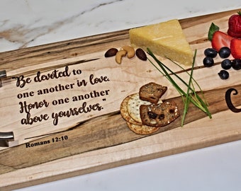 Rustic Serving Board with Distressed Handles, Personalized Charcuterie Board, Serving Board Engraved with Wedding Scripture, Wedding Gift