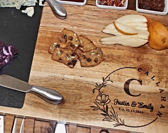 Personalized Charcuterie Board Set, Custom Engraved Cheese Tray with Knife Drawer, Wood & Slate Serving Board, Wedding Gift, Housewarming