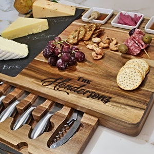 Wood Charcuterie Board Set with Utensils | Slate Cheese Board Set with Custom Engraving and Accessories | Wedding Bridal Shower Gift