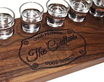 Large Wood Shot Glass Serving Tray | Personalized Hardwood Shot Flight Tray | Tequila Serving Board