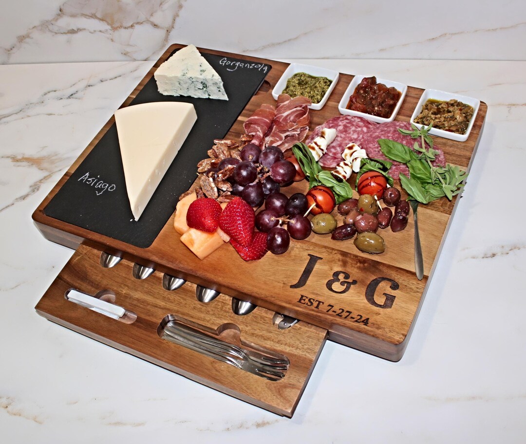 Acacia Wood Charcuterie Board With Slate & Cheese Knife Set | Engraved ...