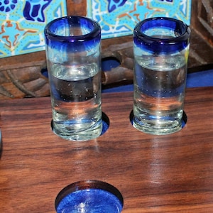 Blue Tequila Glasses, Tequila Shot Glasses, Authentic Mexican Tequila Glasses, Hand Blown Tequila Glasses, Colorful Rimmed Tequila Glasses