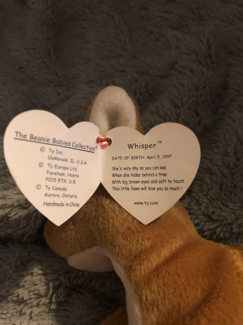 next to 1965 P.E Ty Original Whisper Beanie Baby with errors 6th gen Korean Pellets KR
