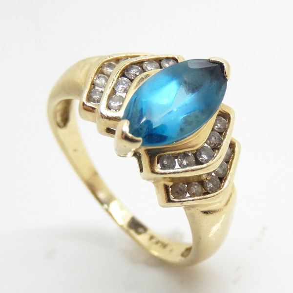 Vintage 14K Yellow Gold Marquise Sapphire and Diamond Statement Ring, Size 7 1/2 - X8526