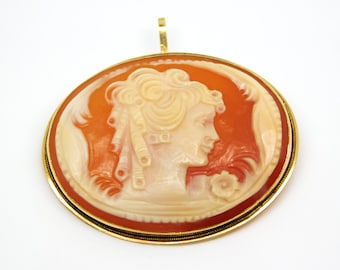 14K Yellow Gold Cameo Pendant Brooch: Lady Silhouette - X8050