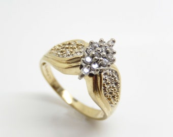Vintage 10K Yellow Gold Diamond Cluster Engagement Ring, Size 8 - X8791