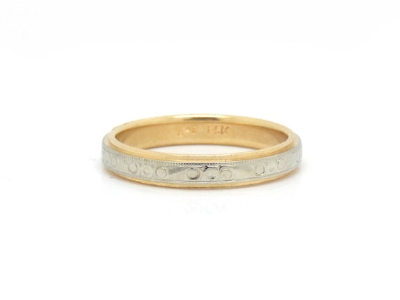 Thin Two Tone 14K Gold Vintage Band with Stamped … - image 4