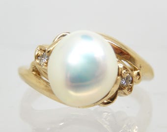 Vintage 14K Yellow Gold Pearl Diamond Ring, Size 6 1/4 - X9789