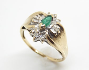 Vintage 10K Yellow Gold Emerald Diamond Statement Ring, Size 7 - X8832