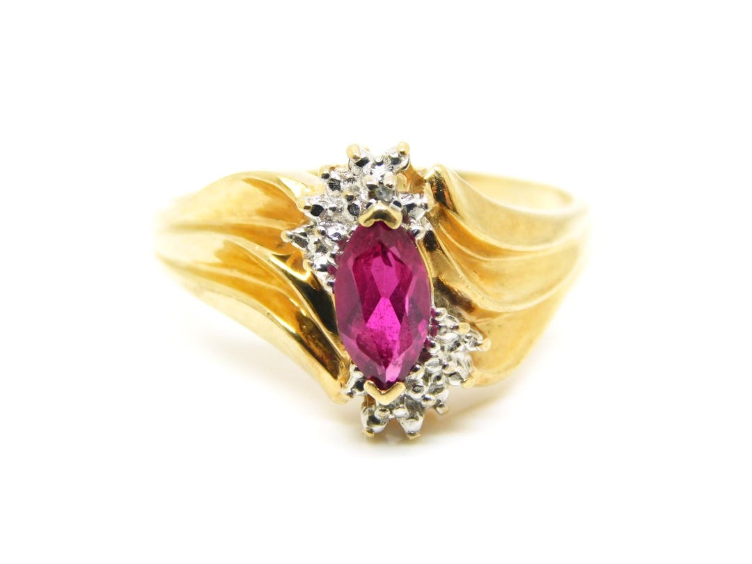 10K Yellow Gold Ring With Marquise Cut Ruby and Accent Diamonds Size 8. ...