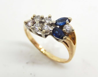 Vintage 14K Yellow Gold Sapphire Diamond Cluster Ring Size 6.75 - X6055