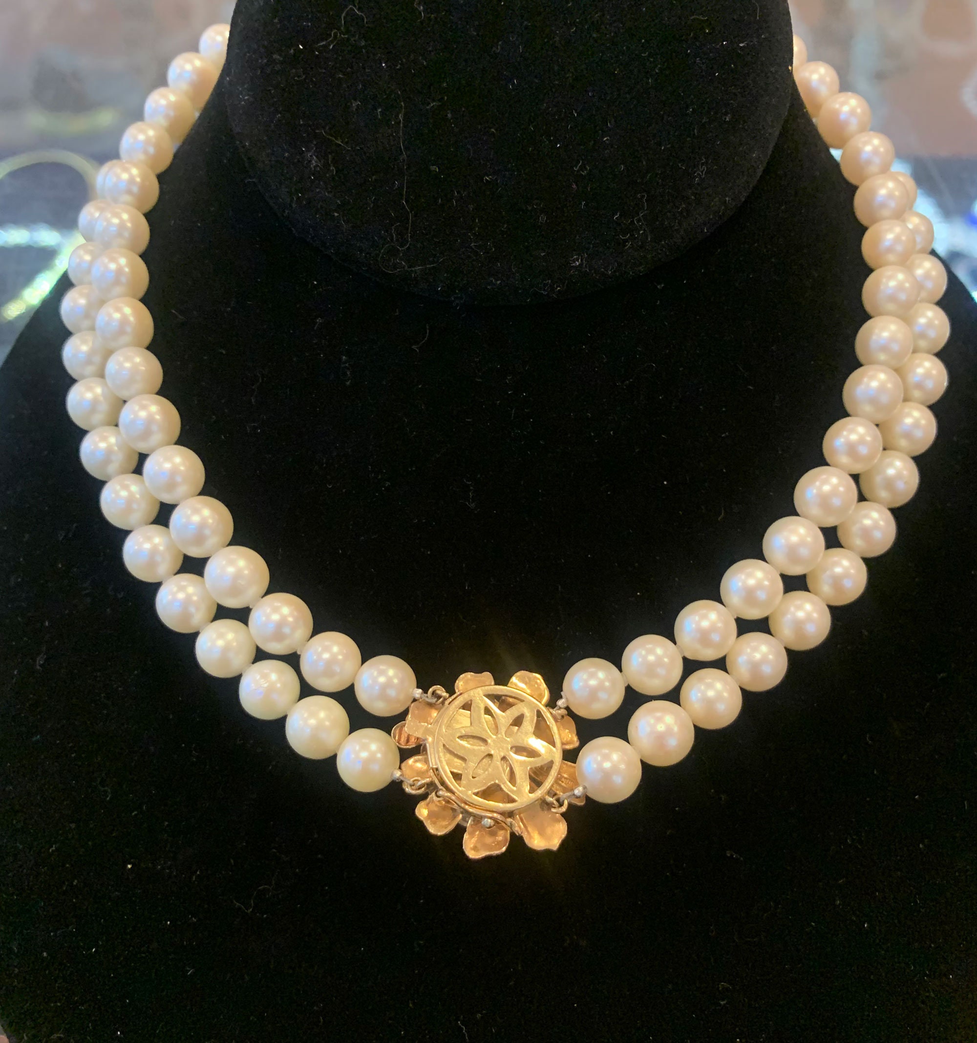 ◆VINTAGE HOLLYWOOD◆ Double Ring Pearl Necklace VH2479NE007 Vintage 1940s Double Strand 15.25