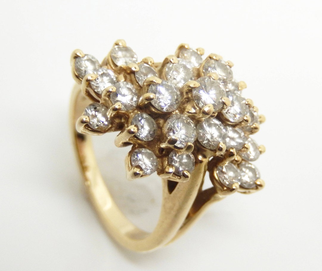 Vintage 14K Yellow Gold Huge Diamond Cluster Statement Ring