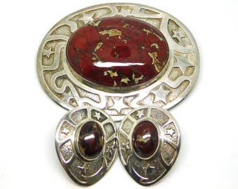 925 Sterling Silver And Red Brecciated Jasper Earring And Pendant/Brooch Set - X9818