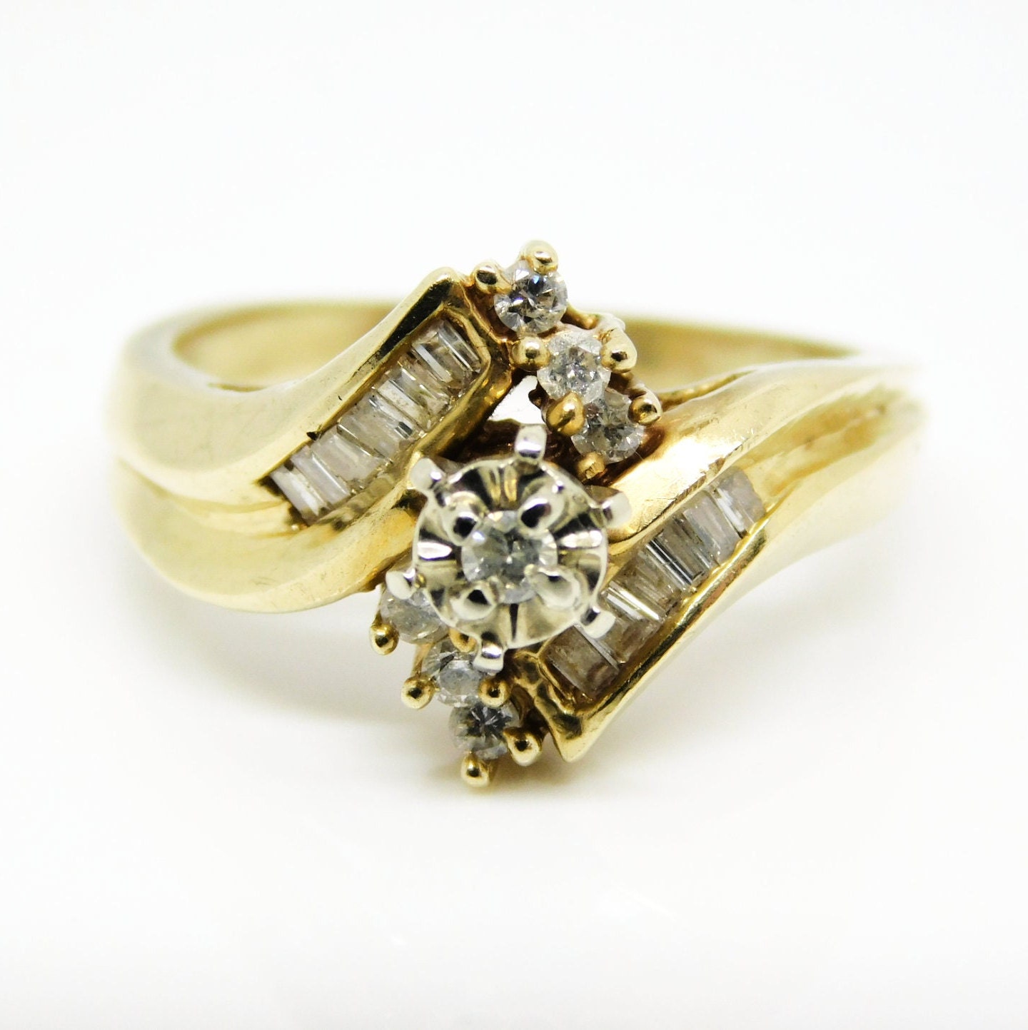 14K Yellow Gold Diamond Bypass Ring With Round Cut Diamonds