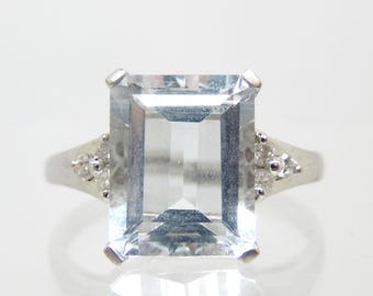 Estate 14K White Gold Emerald-Cut Aquamarine Diamond Statement Ring, Size 7 1/2 - X9753