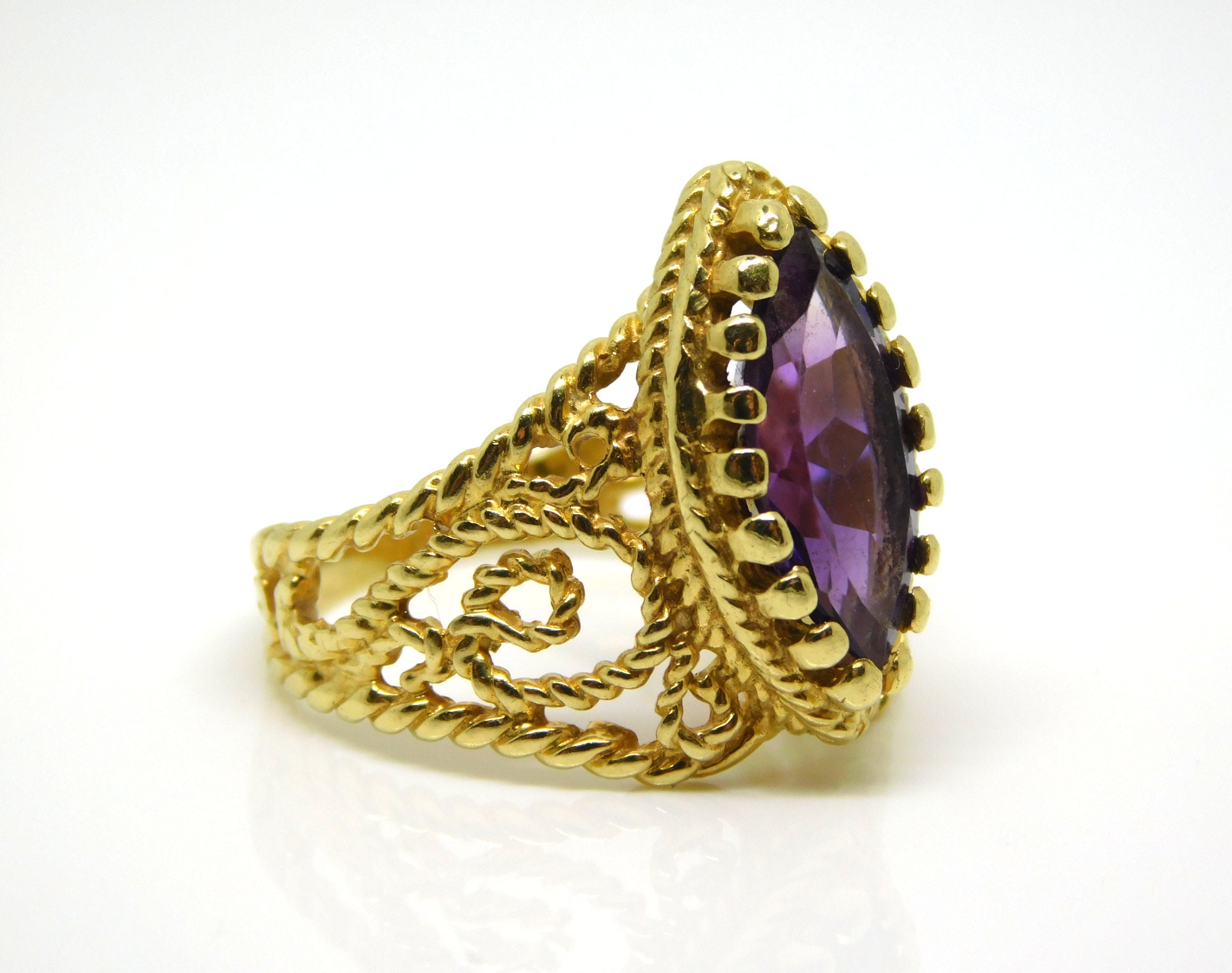 Western Rope Filigree 18K Yellow Gold Filigree and Rope Motif Ring With Marquise Amethyst ...